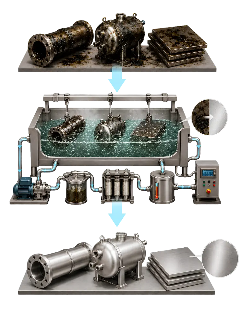 Dirty industrial components shown before cleaning, during immersion treatment and after cleaning