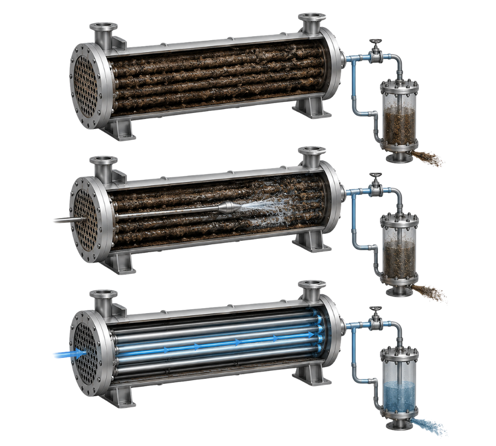 Diagram showing fouled boiler tubes before, during and after high-pressure water cleaning