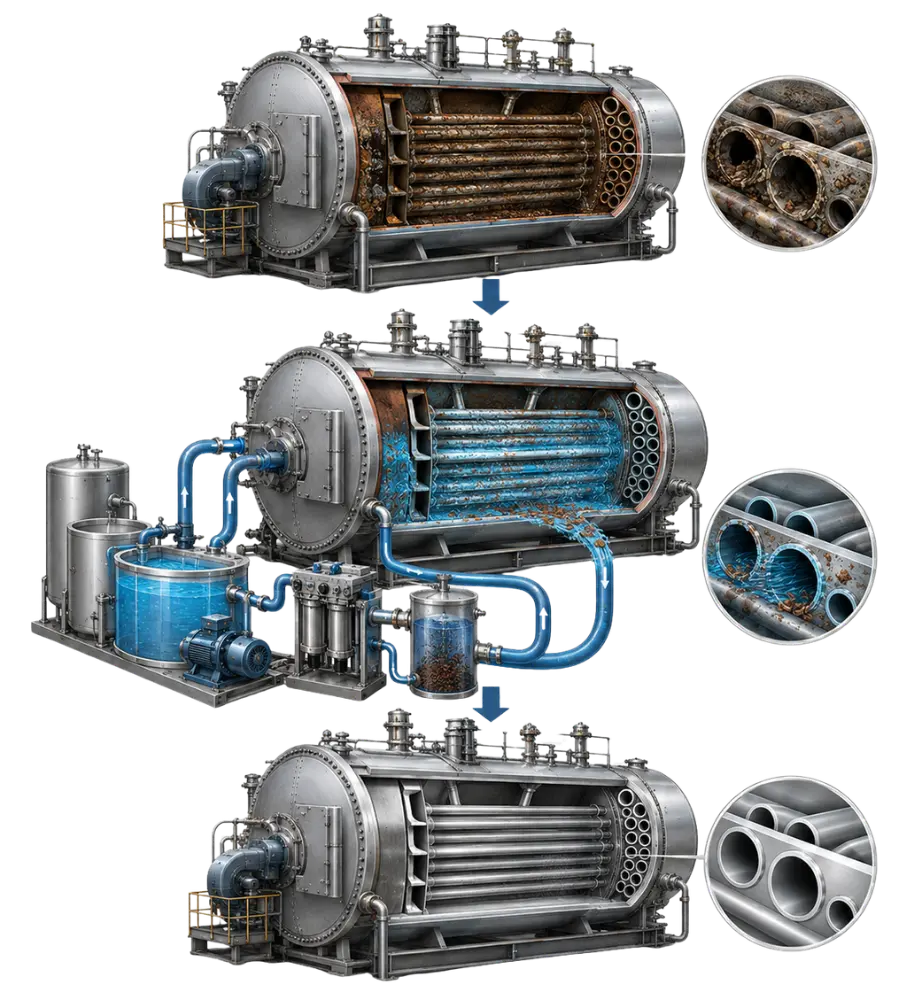 Fouled boiler tubes and a circulation cleaning system connected to a boiler