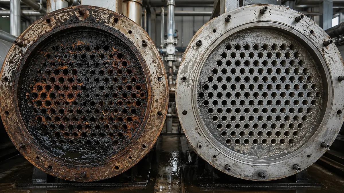 Side-by-side comparison of heavily fouled and cleaned circular boiler tube sheets