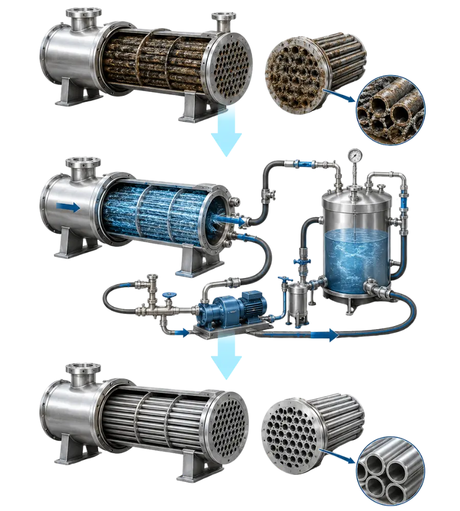 Illustration of a fouled shell-and-tube heat exchanger connected to a circulation cleaning system and shown cleaned afterwards