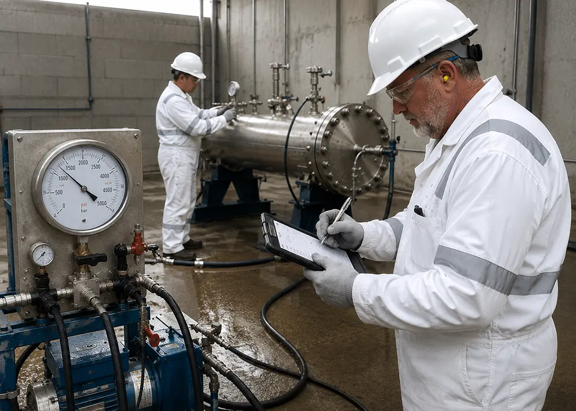 Results of hydro testing are recorded beside pressure monitoring equipment while another technician tests an industrial pressure vessel