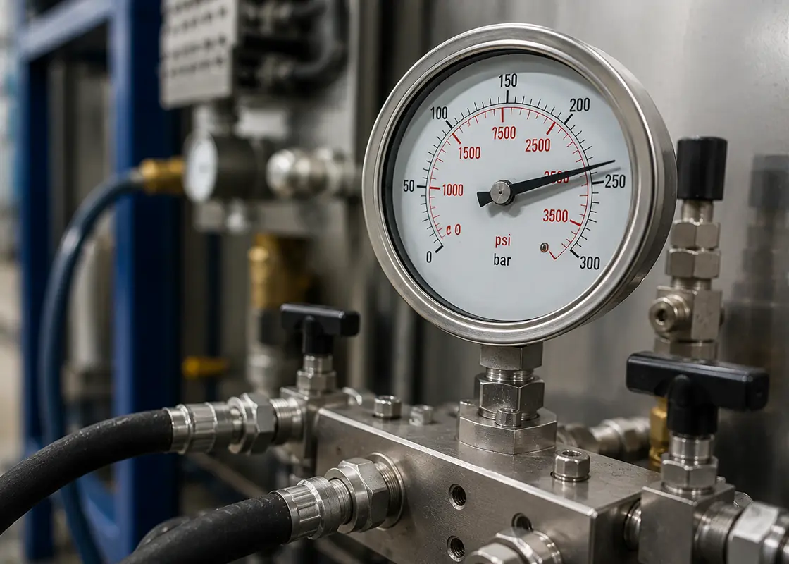 Close-up of a pressure gauge and test manifold used for hydrostatic pressure monitoring
