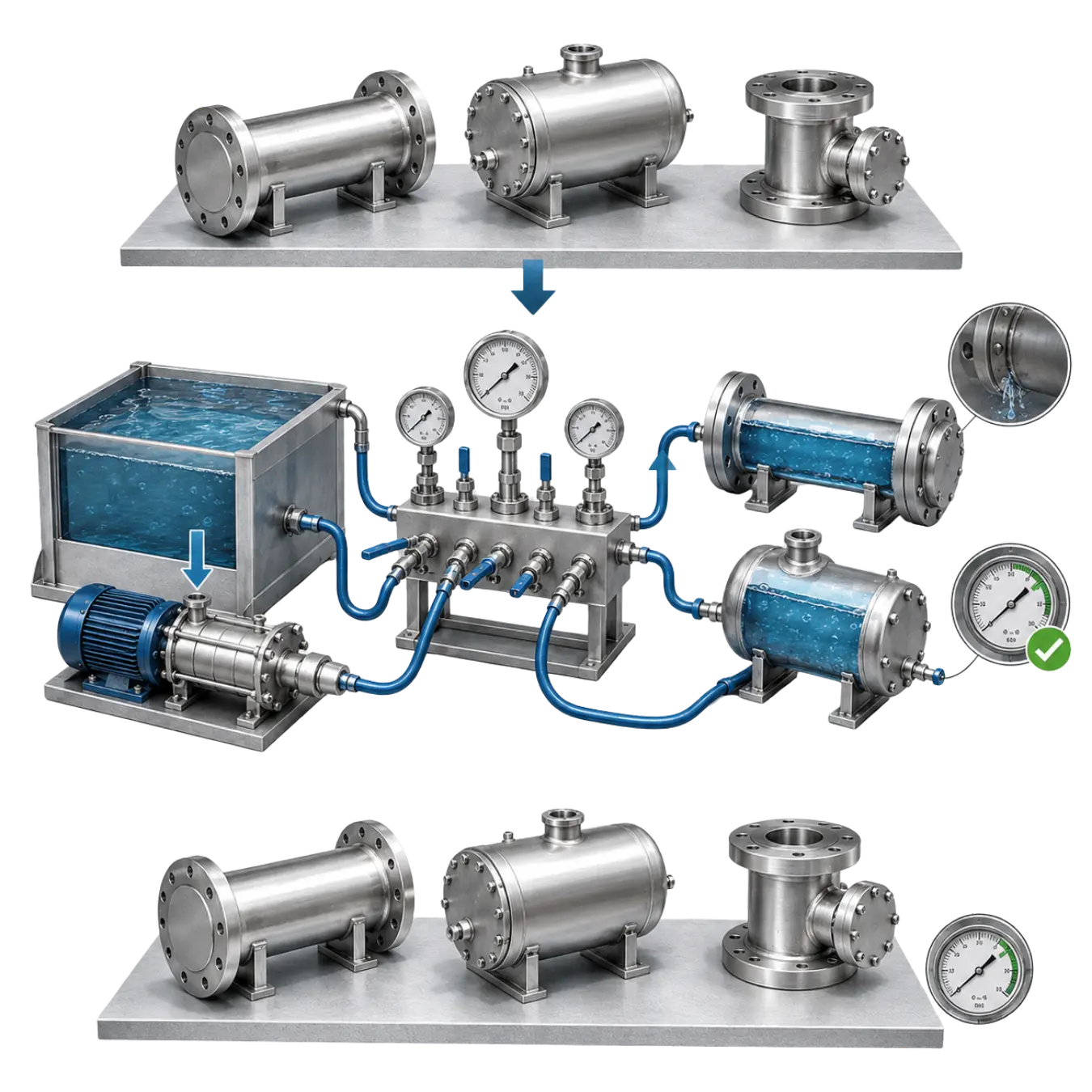Diagram showing pressure vessels connected to a liquid reservoir, pump, manifold and pressure gauges for hydrostatic testing