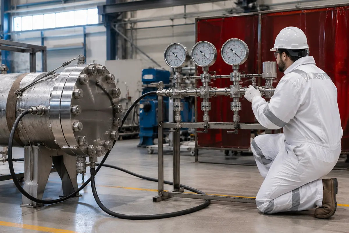 Worker monitor pressure gauges during hydro testing of an industrial pressure vessel