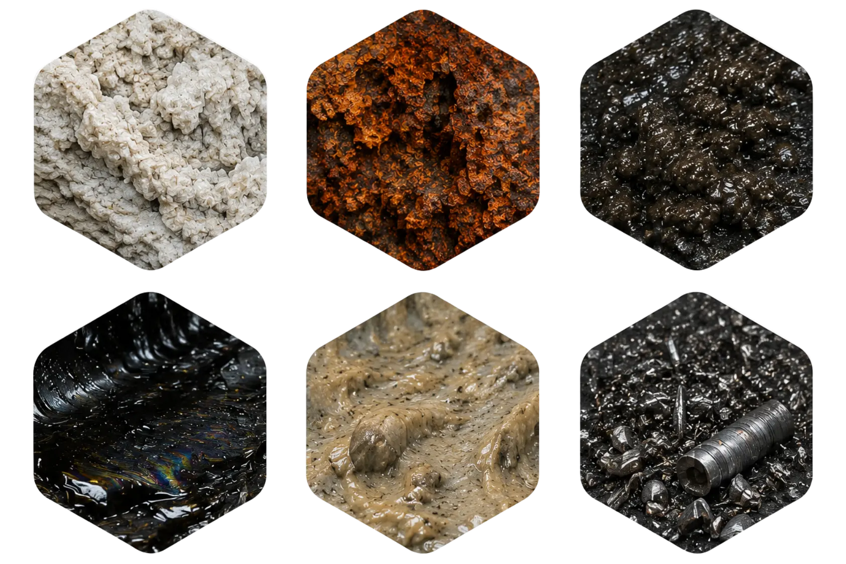 Close-up examples of scale, corrosion, sludge and other contamination found in industrial piping