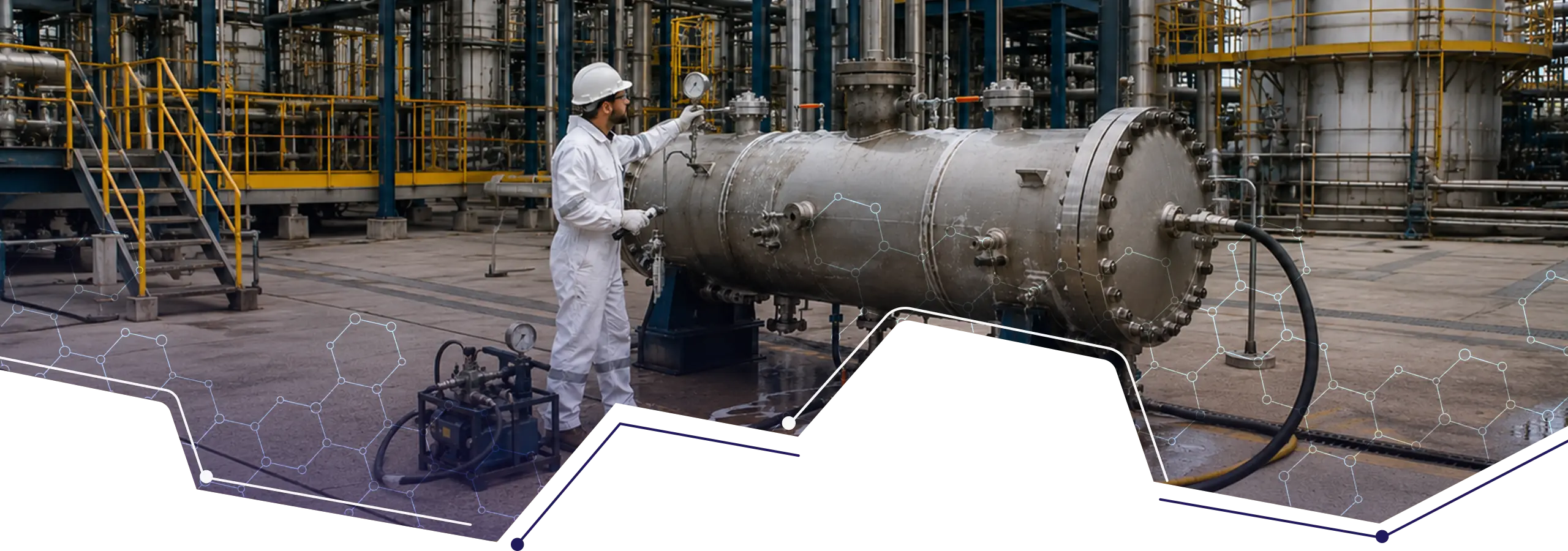 Beralon staff carrying out hydro testing on a large industrial pressure vessel using pressure gauges and test equipment