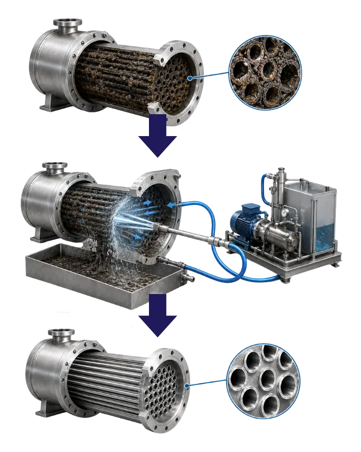 Illustration of fouled heat exchanger tubes before, during and after high-pressure water jetting