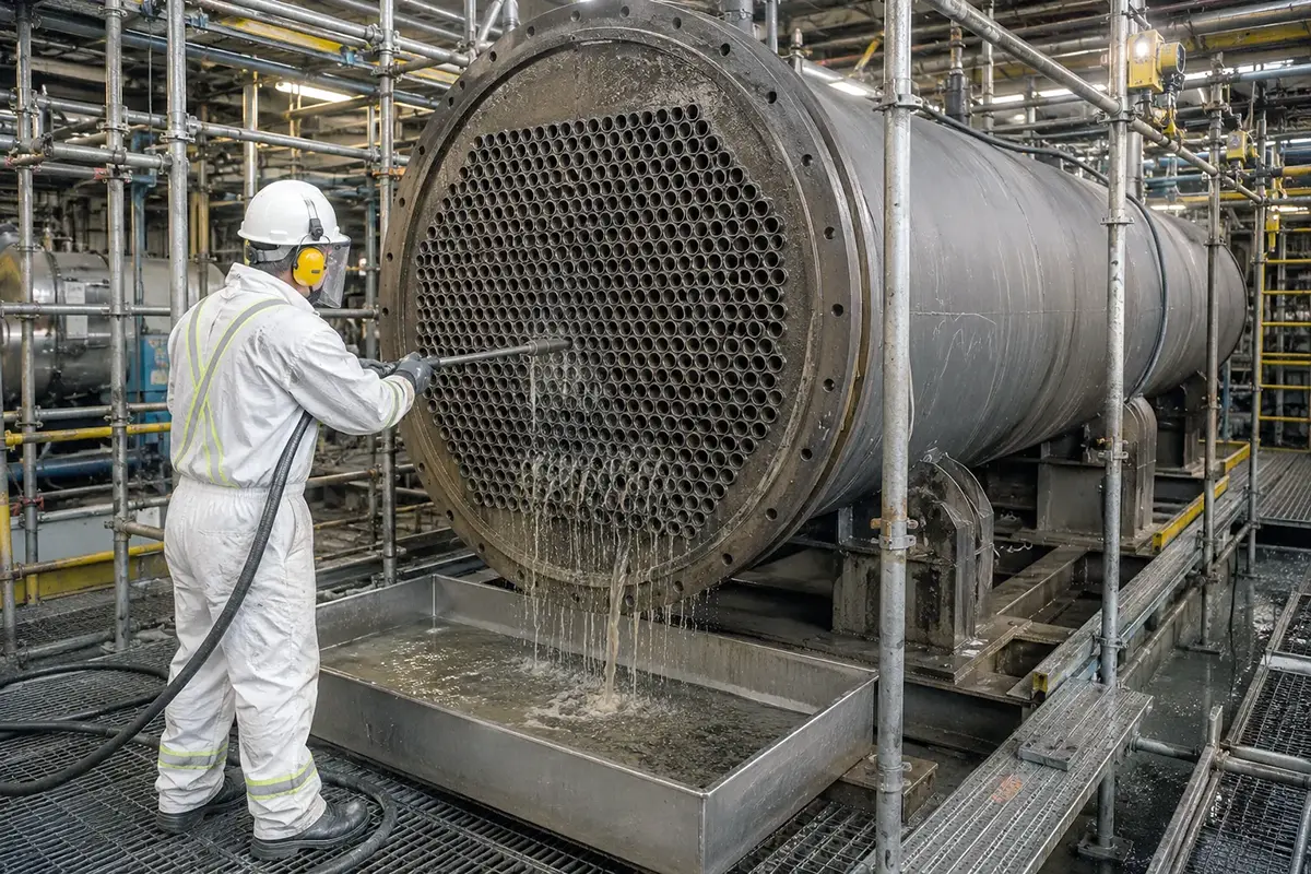 Boiler tube sheet being cleaned with high-pressure water during industrial maintenance