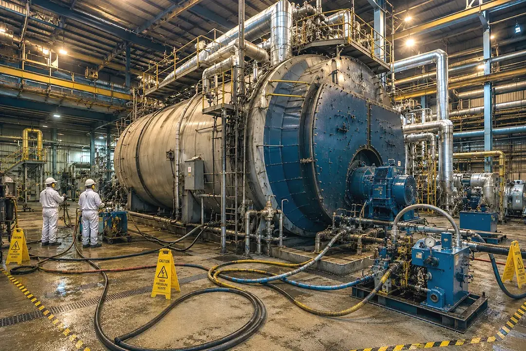 Industrial boiler system undergoing maintenance with cleaning equipment set up around the unit