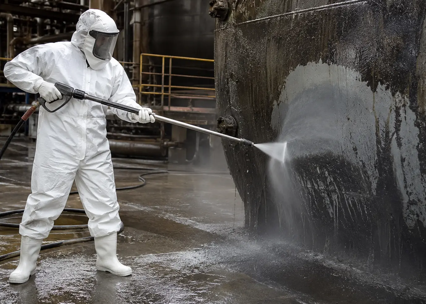 Worker in protective clothing using a high-pressure water jetting lance on a large industrial surface