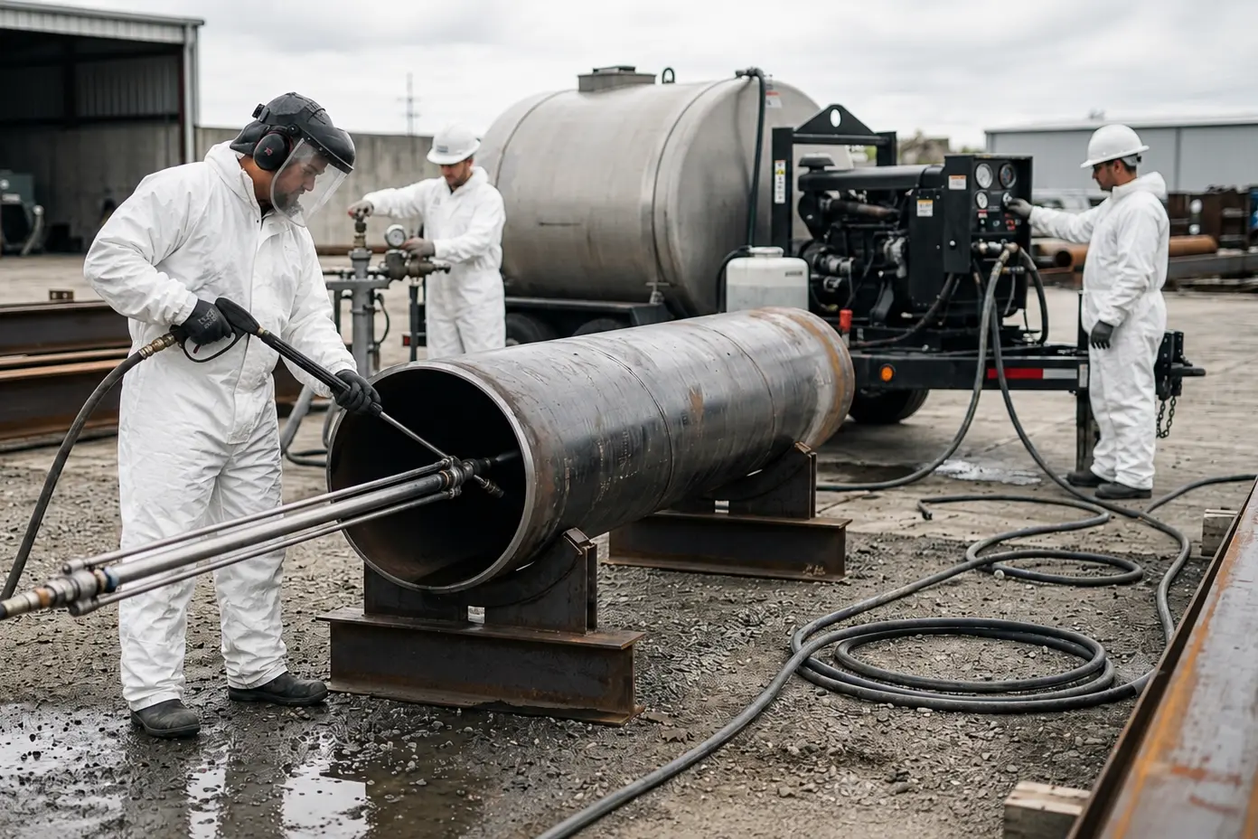 Workers in protective clothing using high-pressure water jetting equipment to clean inside a large industrial pipe section