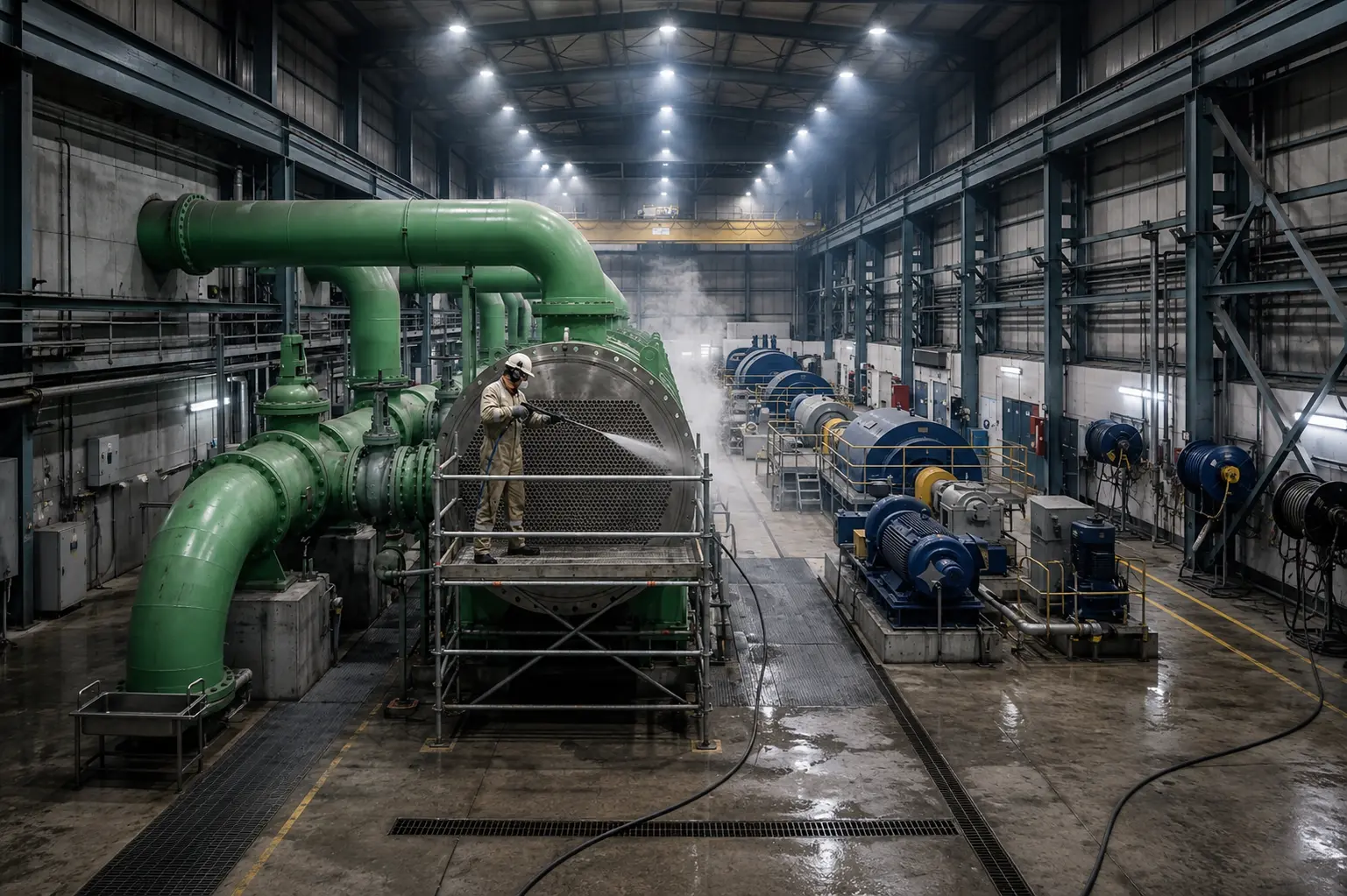 Industrial heat transfer system with large process piping inside a plant maintenance area