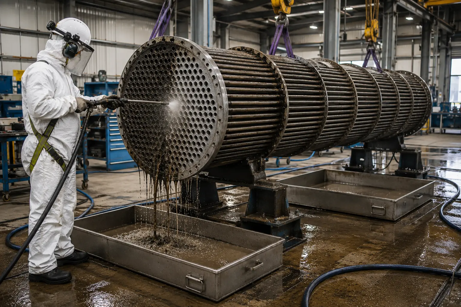 Heat exchanger tube bundle being cleaned with high-pressure water to remove fouling and residue