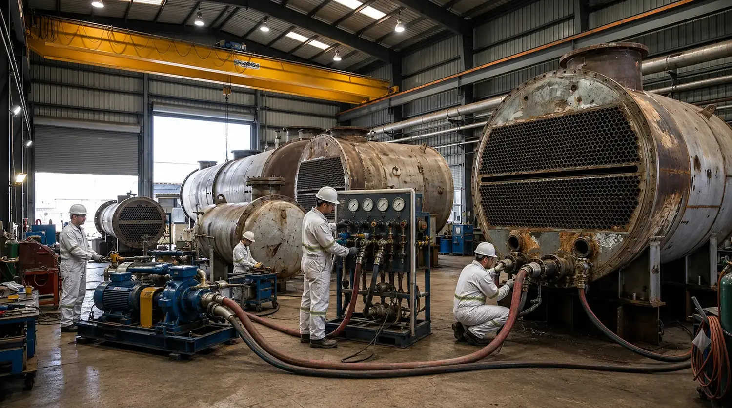 Multiple shell-and-tube heat exchangers positioned for cleaning and maintenance in an industrial workshop