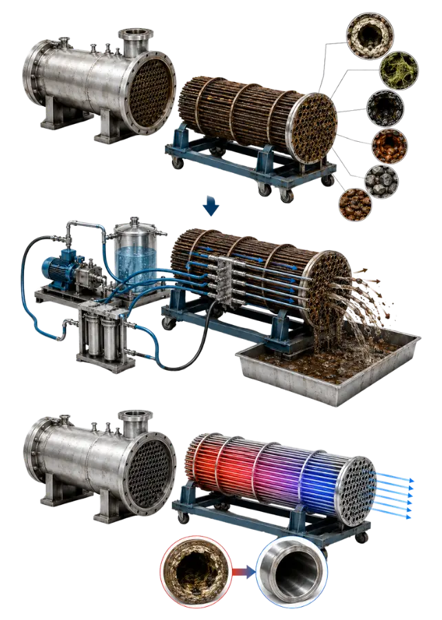 Heat exchanger tubes before, during and after high-pressure cleaning.