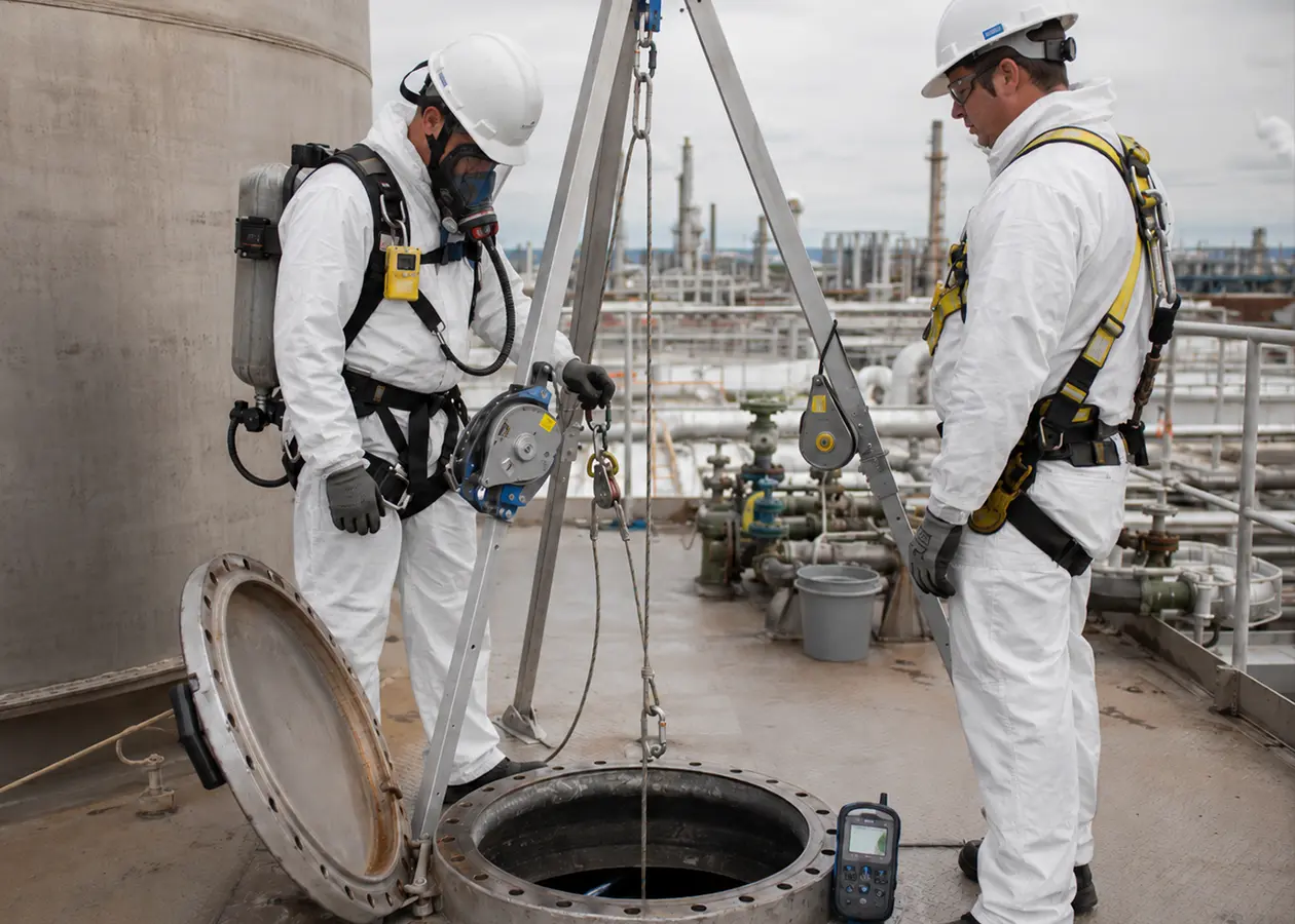 Two workers in protective clothing and safety harnesses beside an open industrial tank access hatch