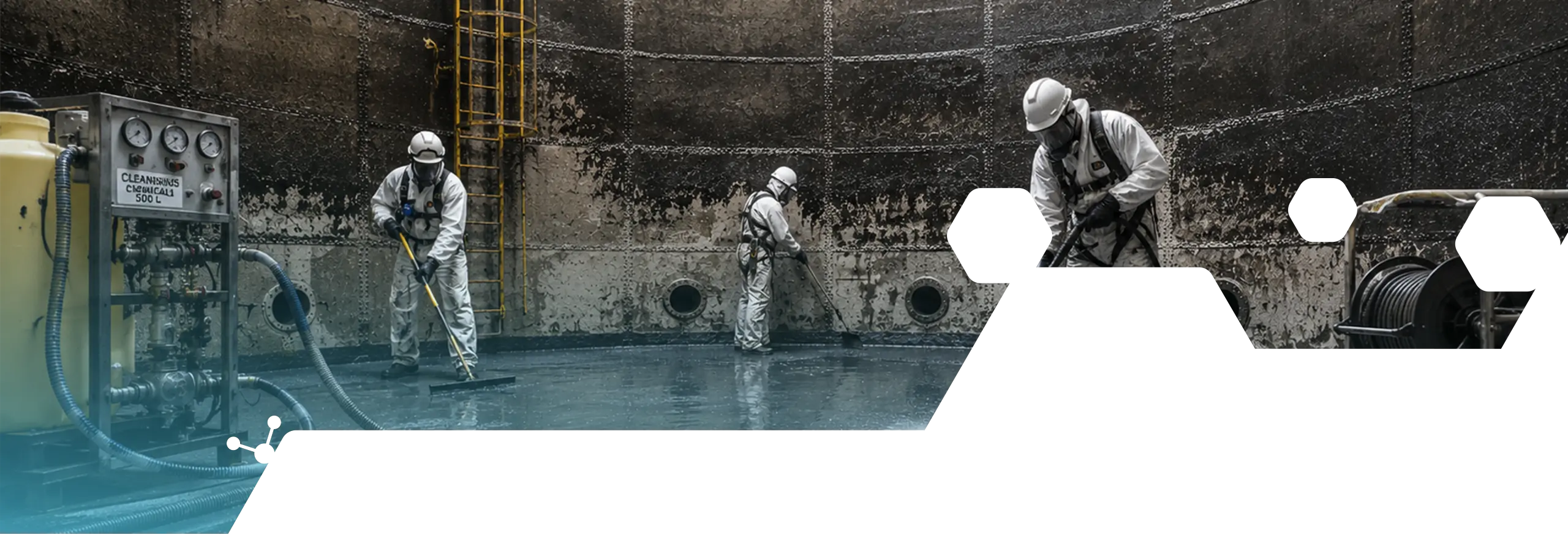 Workers in protective clothing cleaning inside a large industrial tank or vessel