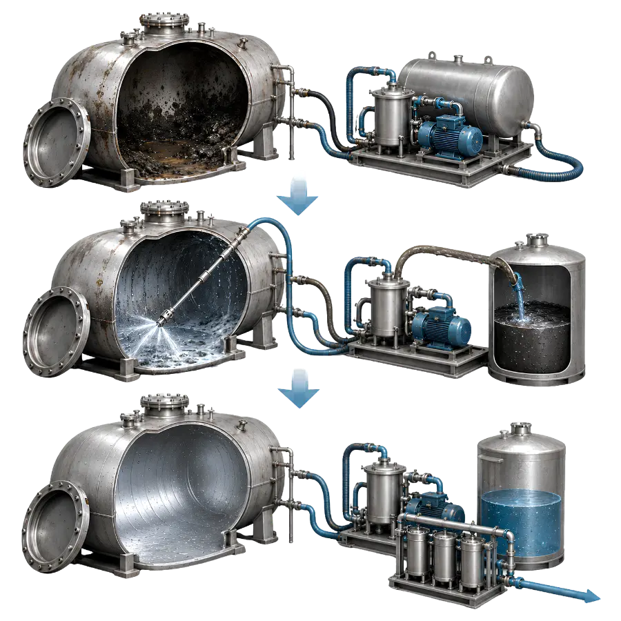 Staged cleaning of an industrial tank with external pumping and treatment equipment