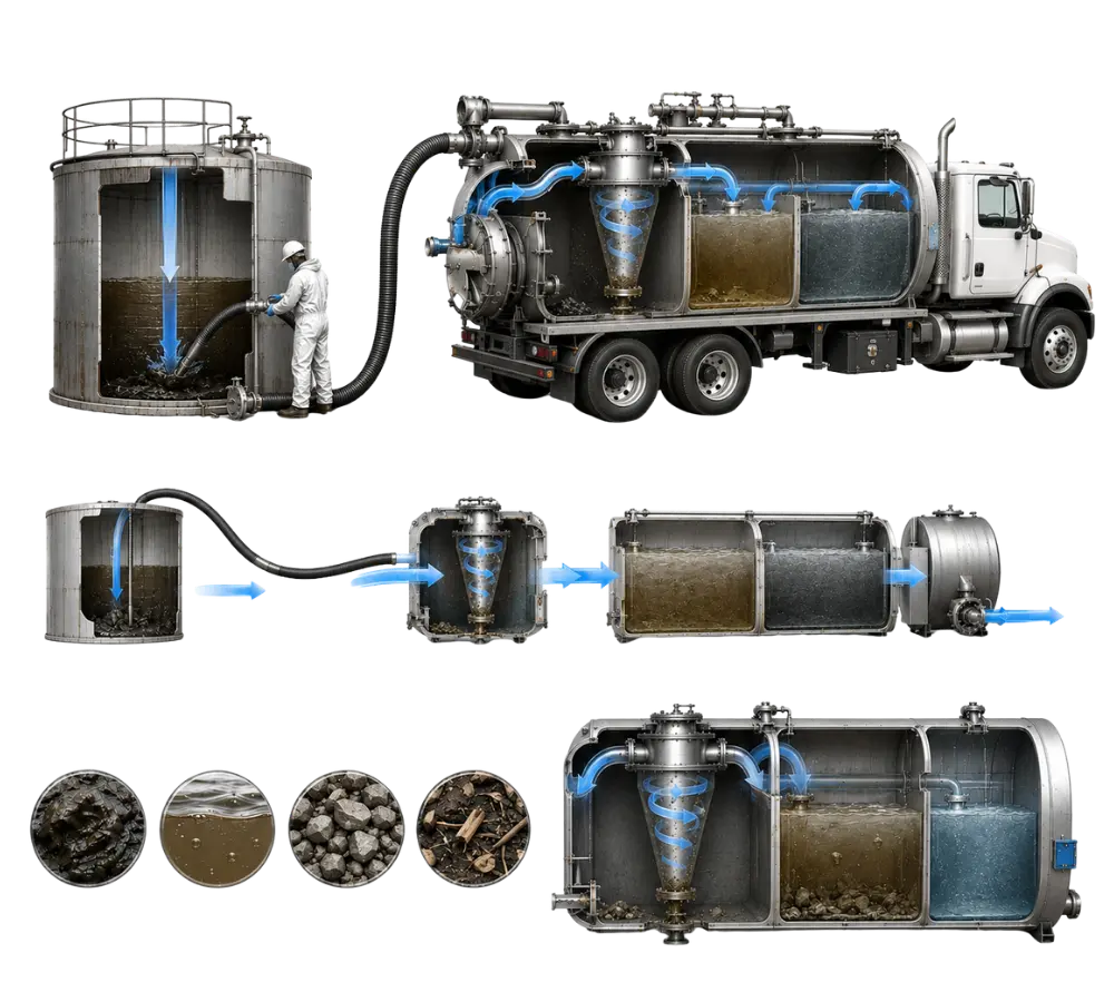 Diagram showing sludge and liquid transferred from a tank through a vacuum system into a vacuum truck