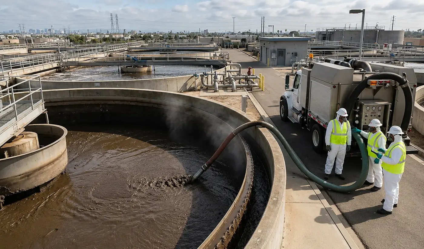 Vacuum truck connected to a wastewater basin for sludge and liquid recovery