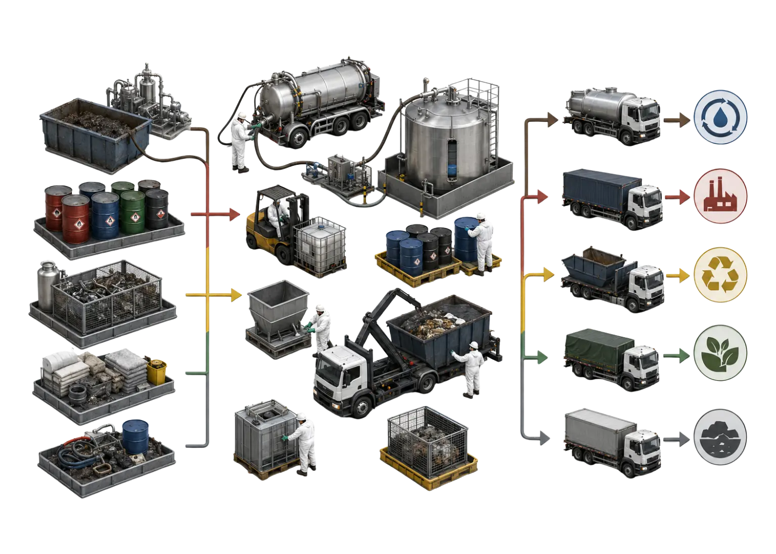 Process of industrial waste materials collection, transfer and direction through different waste management pathways