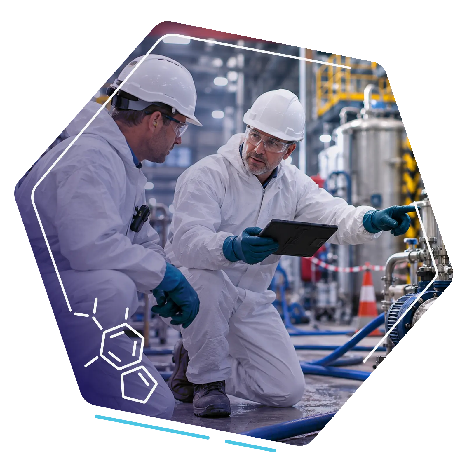 Composite showing specialists assessing chemical cleaning equipment and process systems