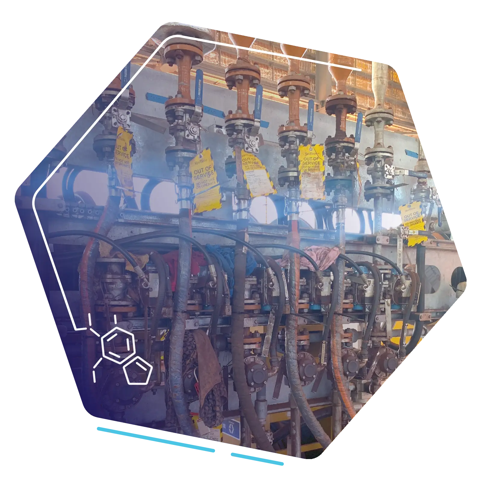 Industrial pipework with multiple valves and flexible hose connections