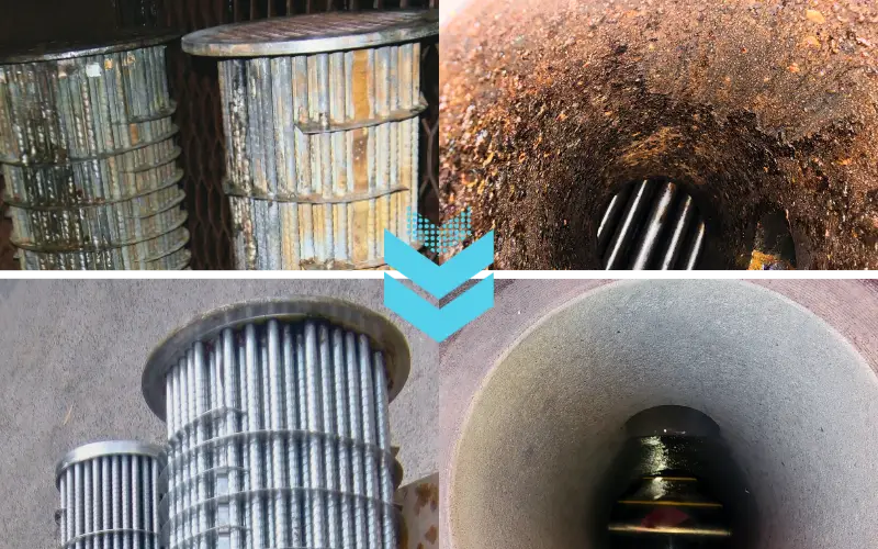 Four-panel comparison of fouled and cleaned heat exchanger tubes and tube bundles