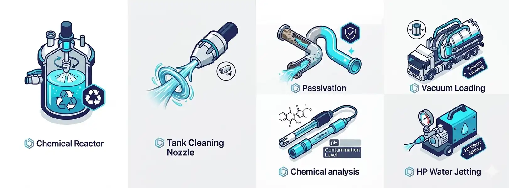 Industrial process equipment and pipework associated with specialist industrial and chemical cleaning applications.