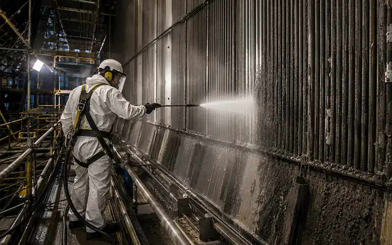 Boiler tube bank being cleaned with high-pressure water during maintenance works