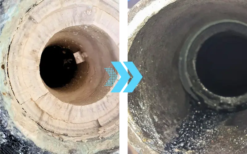 Side-by-side views of industrial pipe interiors with visible internal build-up